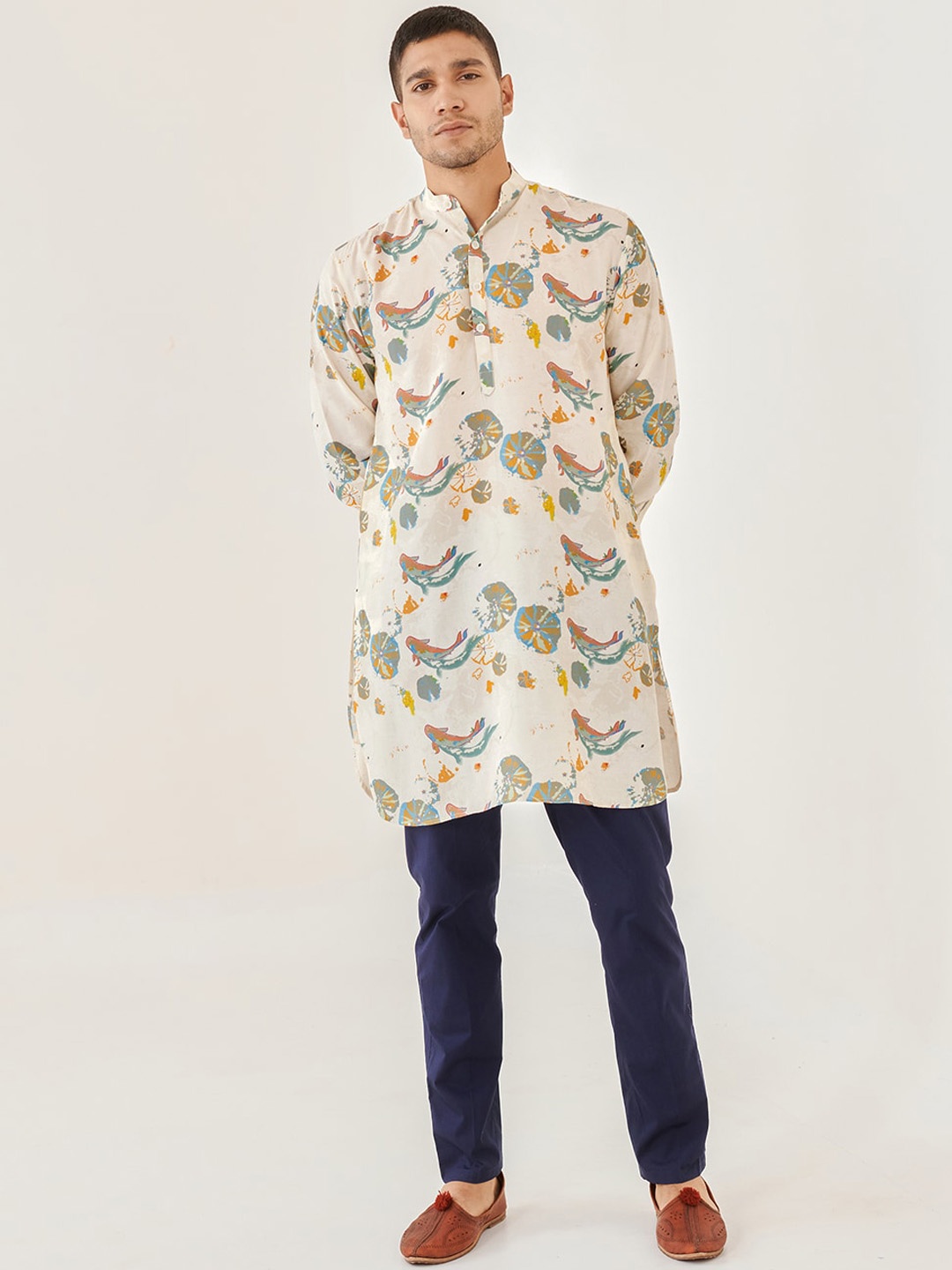 

QB MEN Abstract Printed Cotton Straight Kurta, White