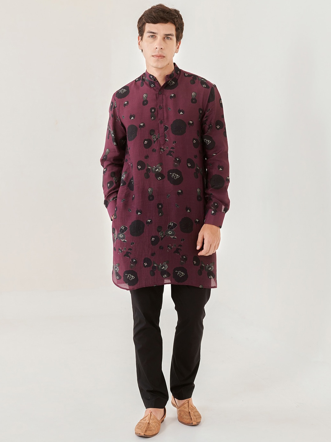 QB MEN Floral Printed Straight Satin Kurta, Brown