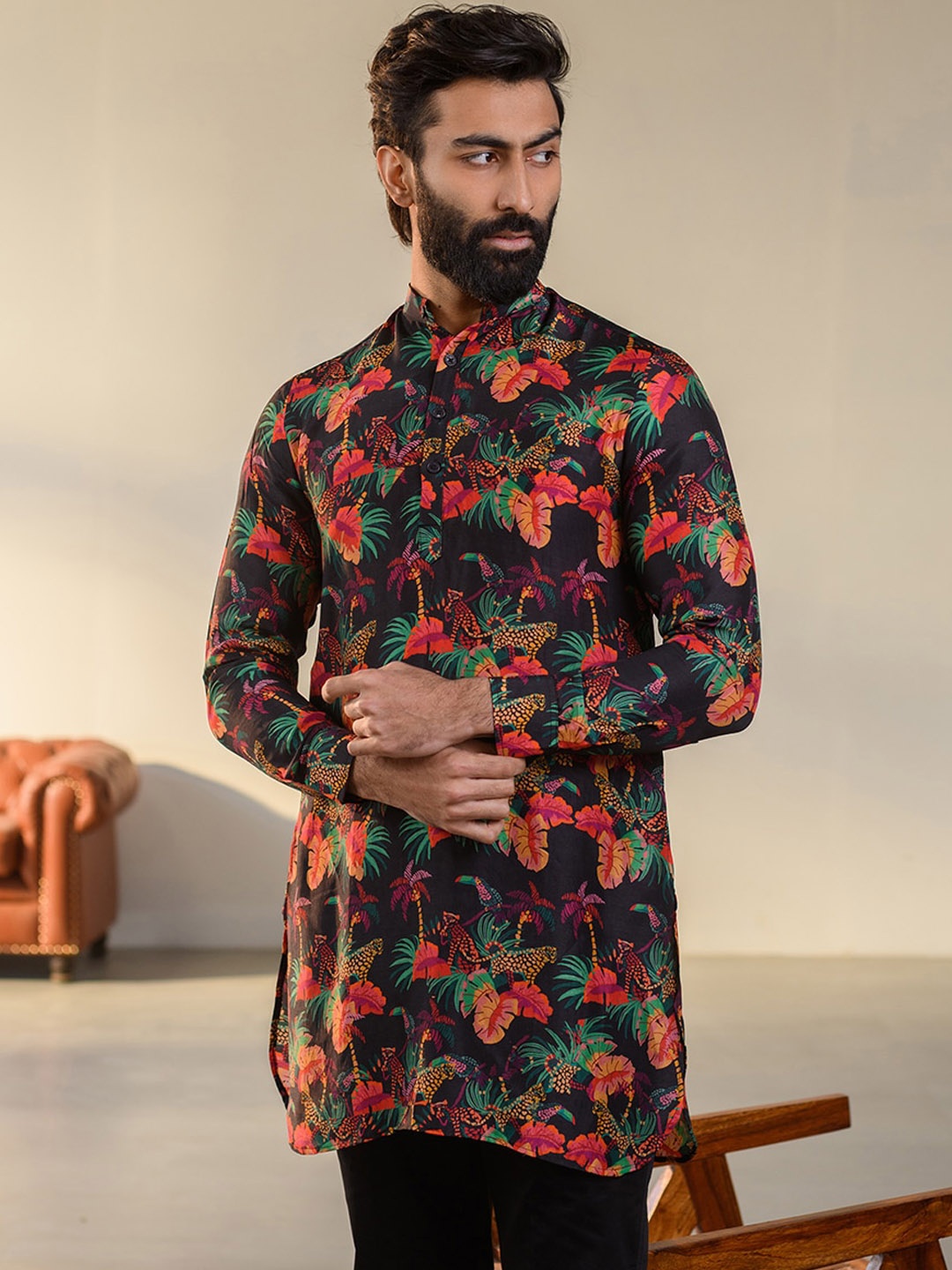 

QB MEN Leopard Midnight Floral Embroidered Band Collar Silk Kurta, Black
