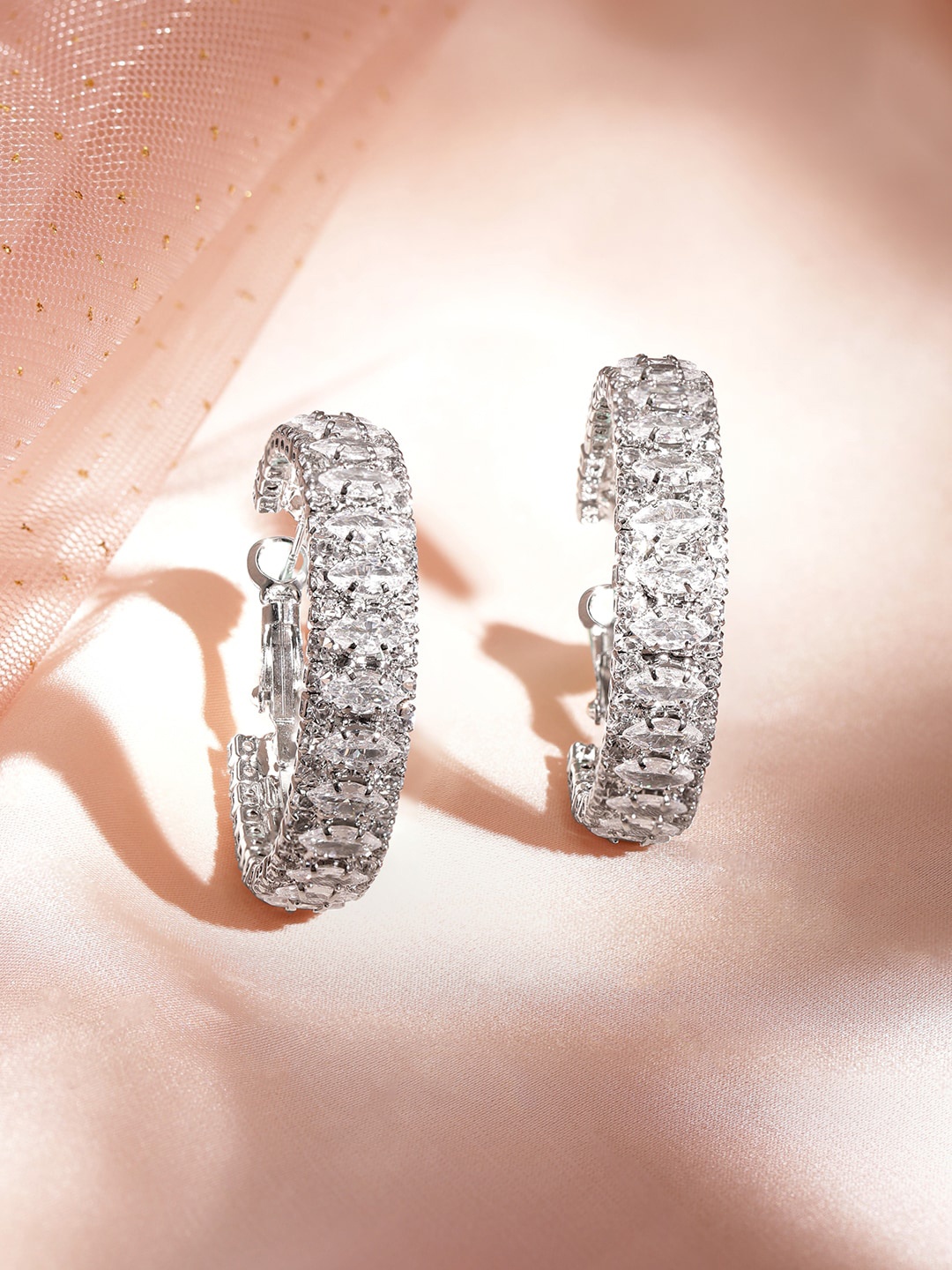 

Rubans Women Rhodium-Plated Zirconia Stone-Studded Hoop Earrings, Silver