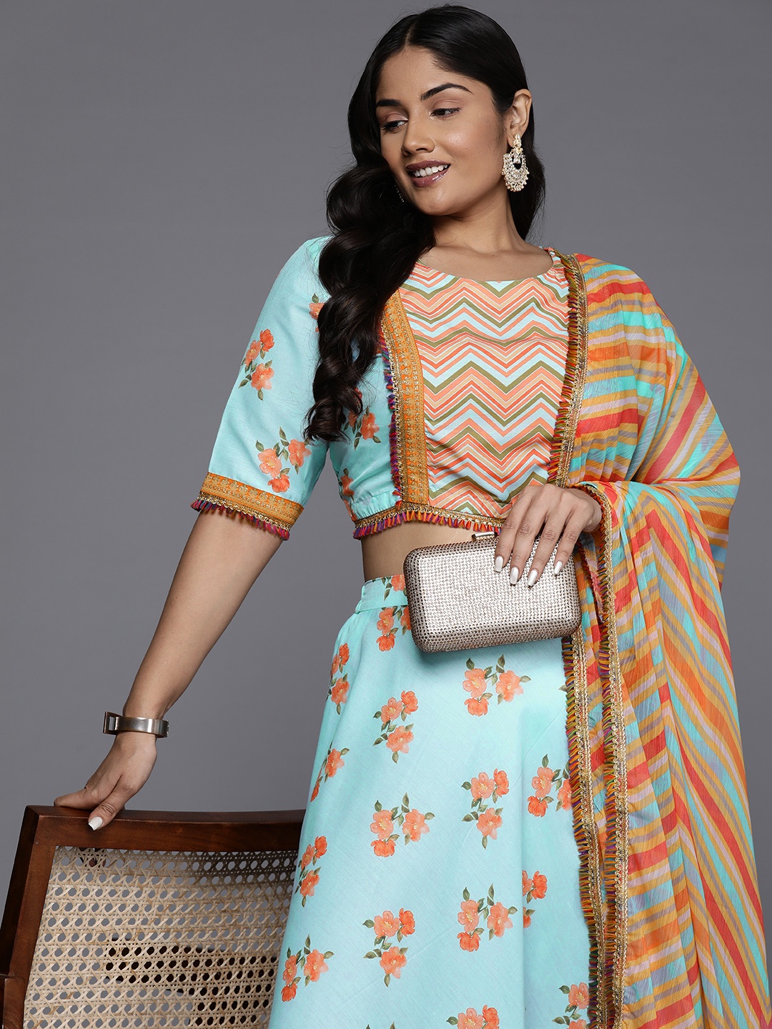 

A PLUS BY AHALYAA Plus Size Printed Zari Ready to Wear Lehenga & Blouse With Dupatta, Turquoise blue