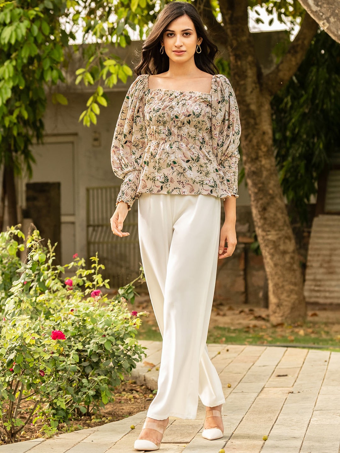 

B'Infinite Printed Peplum Top & Trouser, Beige