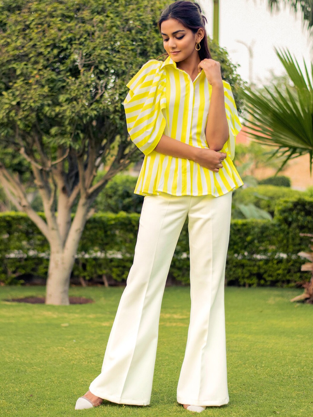 

B'Infinite Striped Peplum Shirt and Mid-Rise Trousers Co-Ords, White