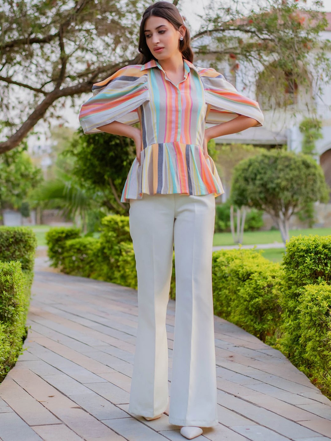 

B'Infinite Striped Peplum Top & Trousers, White