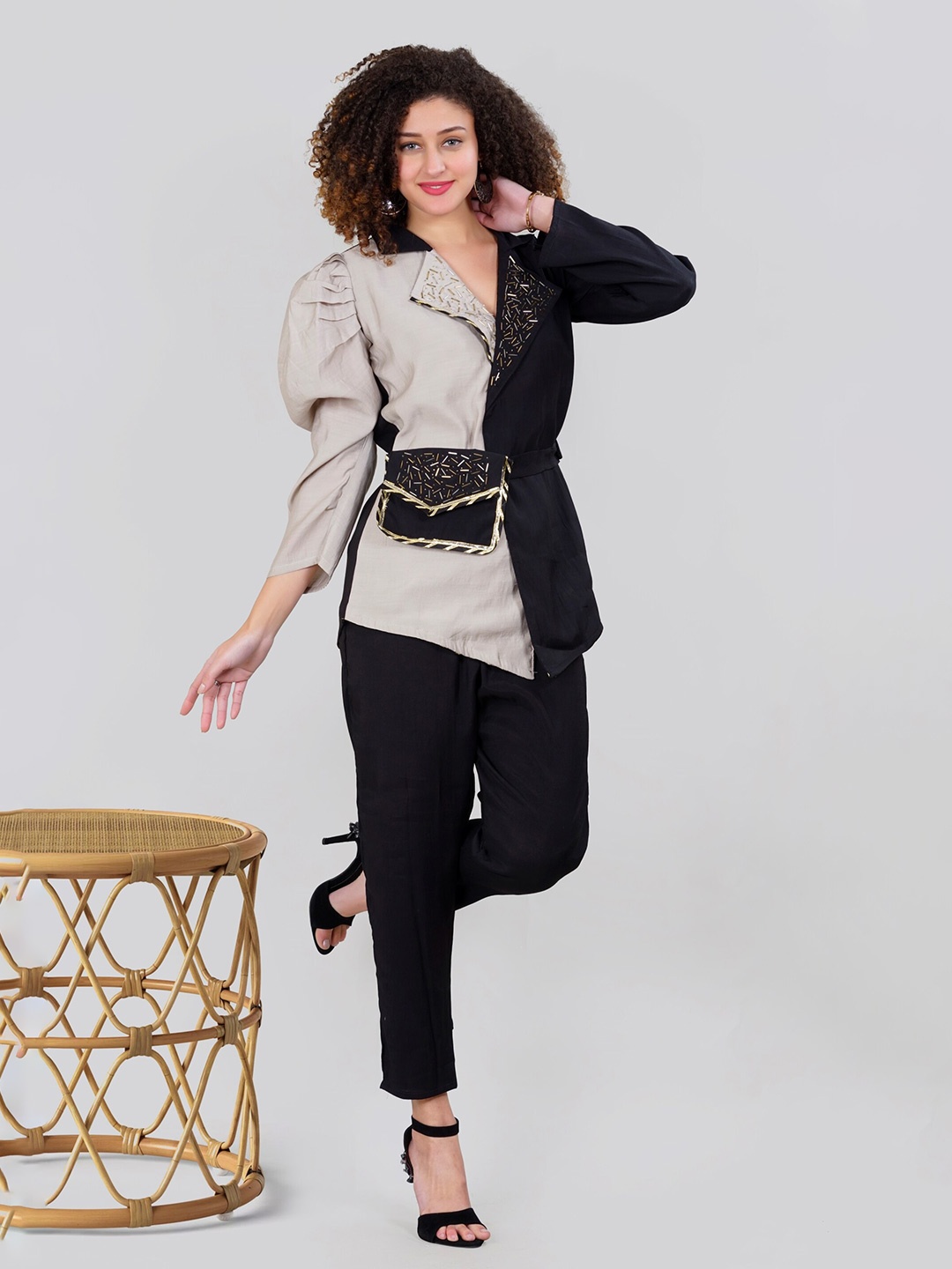 

MEHNAM Embellished Shirt with Trousers, Black