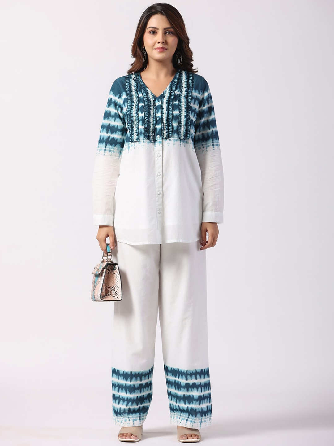 

Zolo Label Tie & Dye Pure Cotton Tunic With Palazzos, White