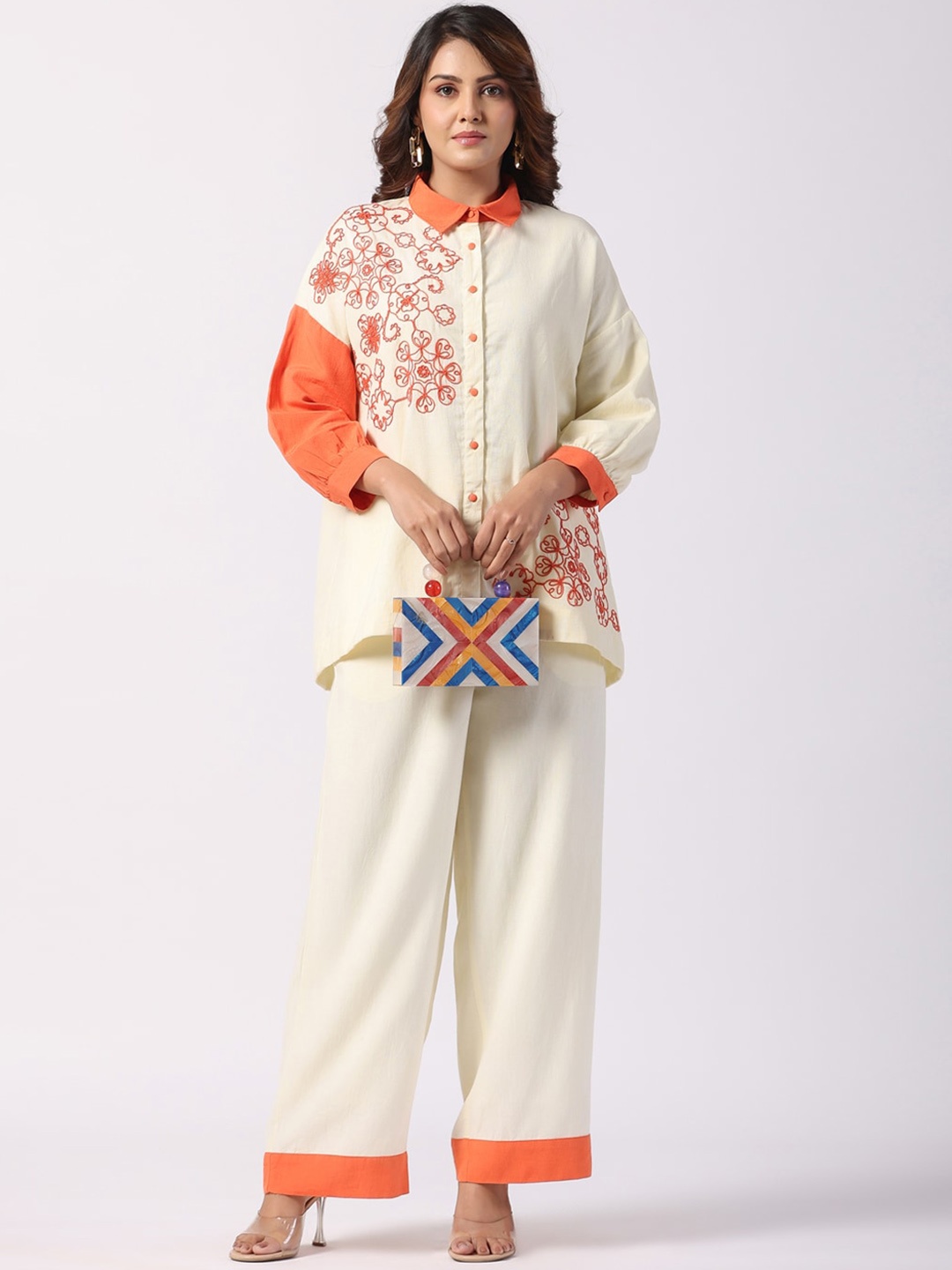 

Zolo Label Embroidered Shirt With Palazzo, Off white