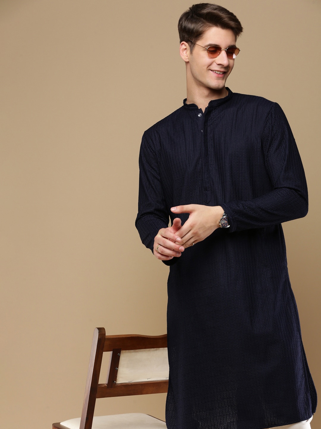 

Anouk Woven Design Chikankari Straight Kurta, Navy blue