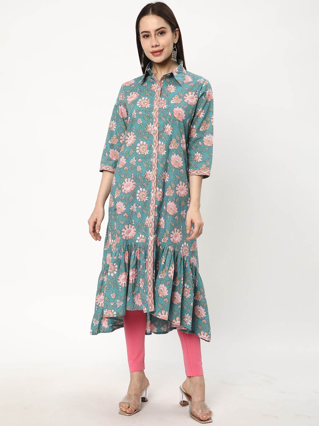 

R&B Floral Printed Shirt Collar Pure Cotton A-Line Kurta, Green