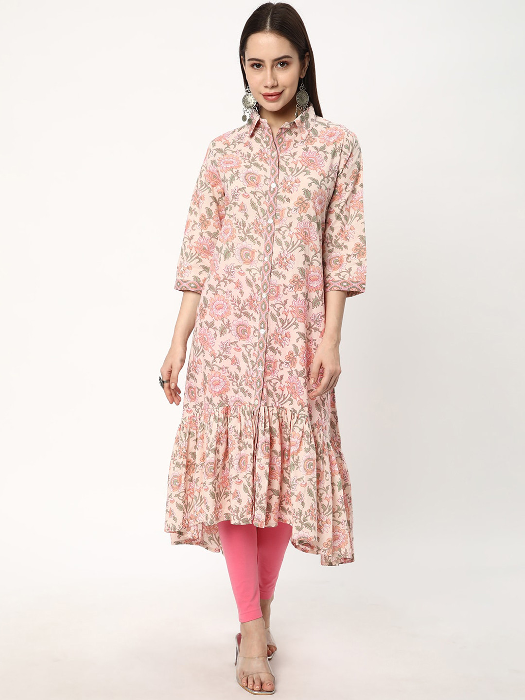 

R&B Floral Printed Mandarin Collar Cotton Anarkali Kurta, White
