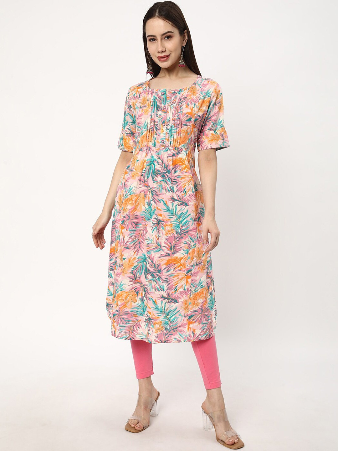 

R&B Floral Printed Mandarin Collar Pure Cotton Straight Kurta, Pink