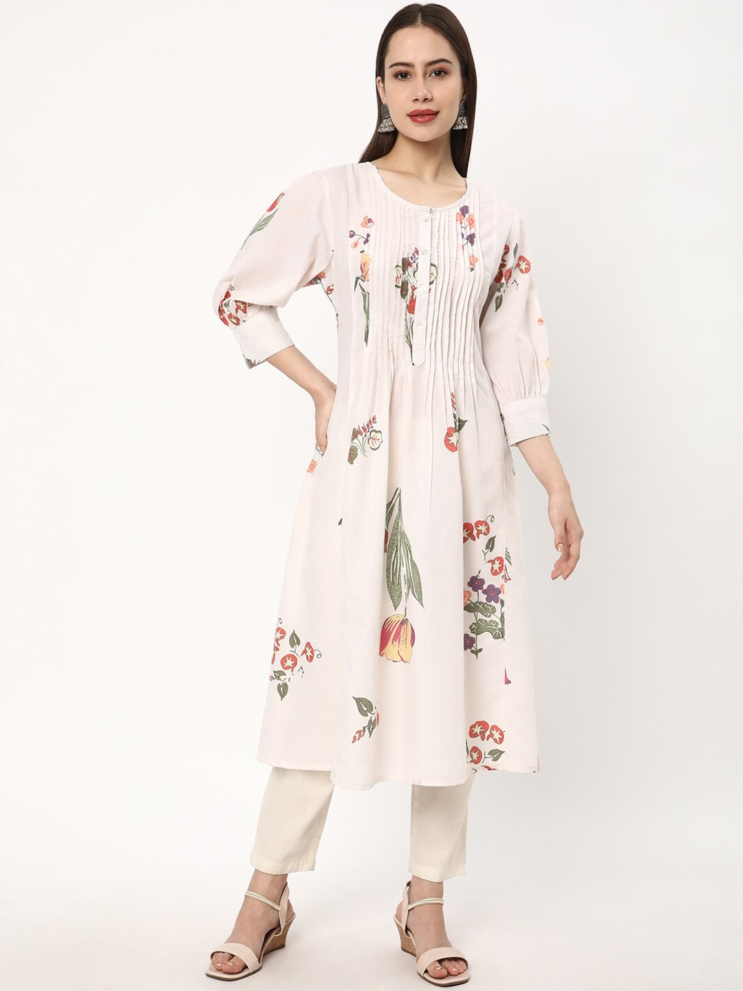 

R&B Floral Printed Pleated A-Line Kurta, White