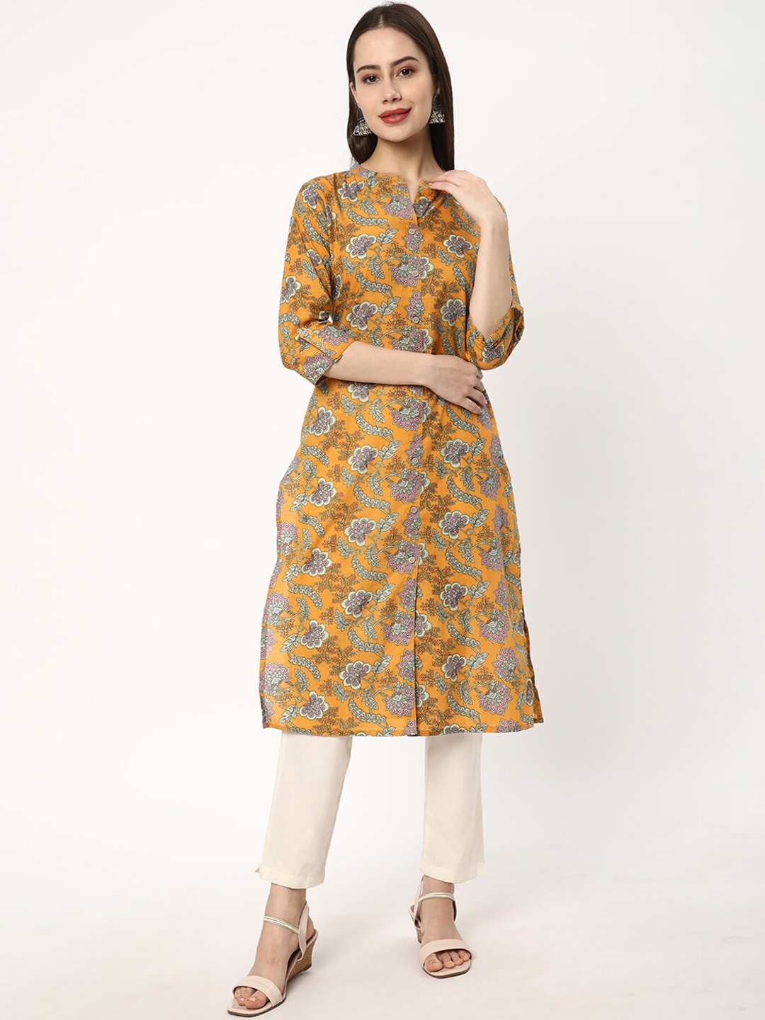 

R&B Floral Printed Mandarin Collar Pure Cotton Straight Kurta, Yellow