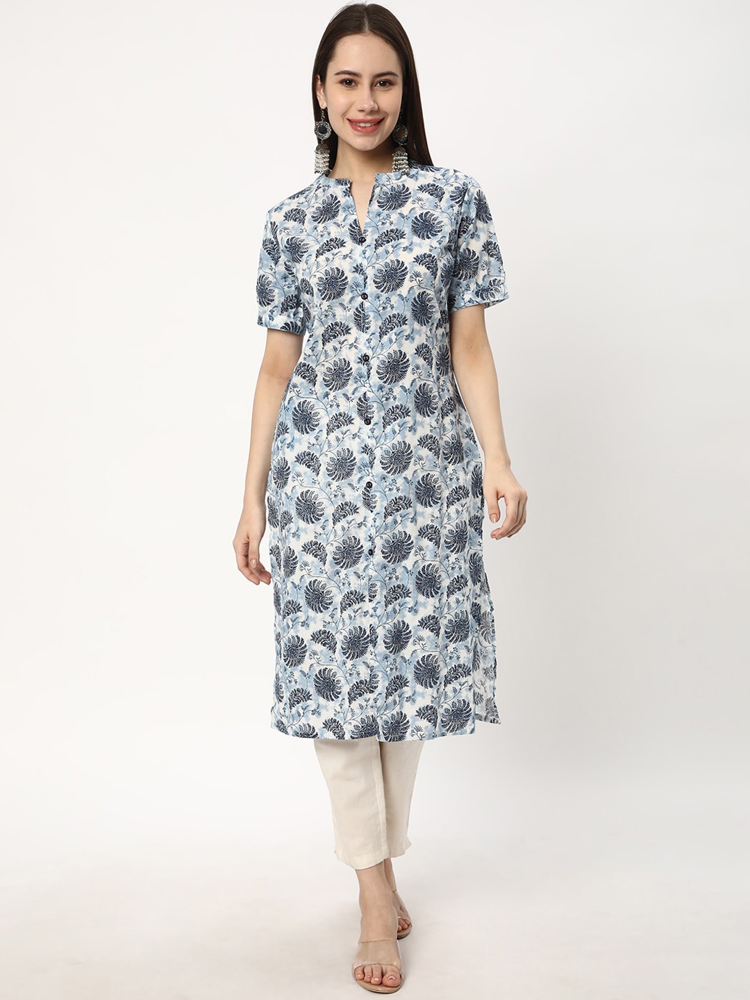 

R&B Floral Printed Mandarin Collar Pure Cotton Straight Kurta, Blue