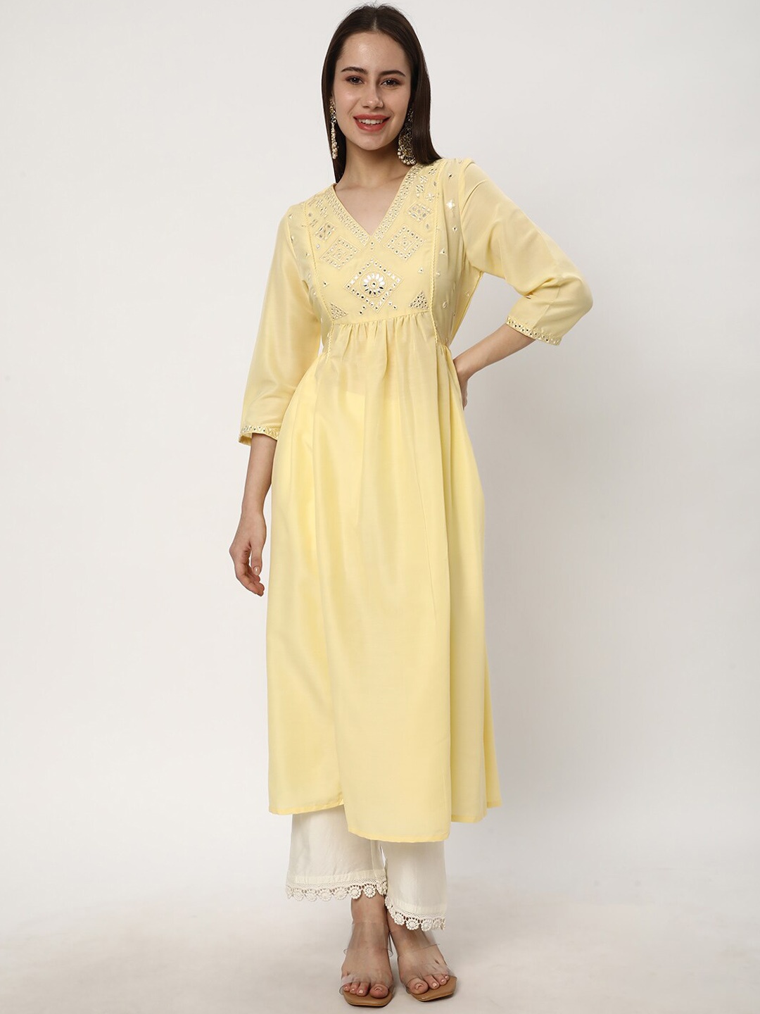 

R&B Mirror Work Pastel A-Line Kurta, Yellow