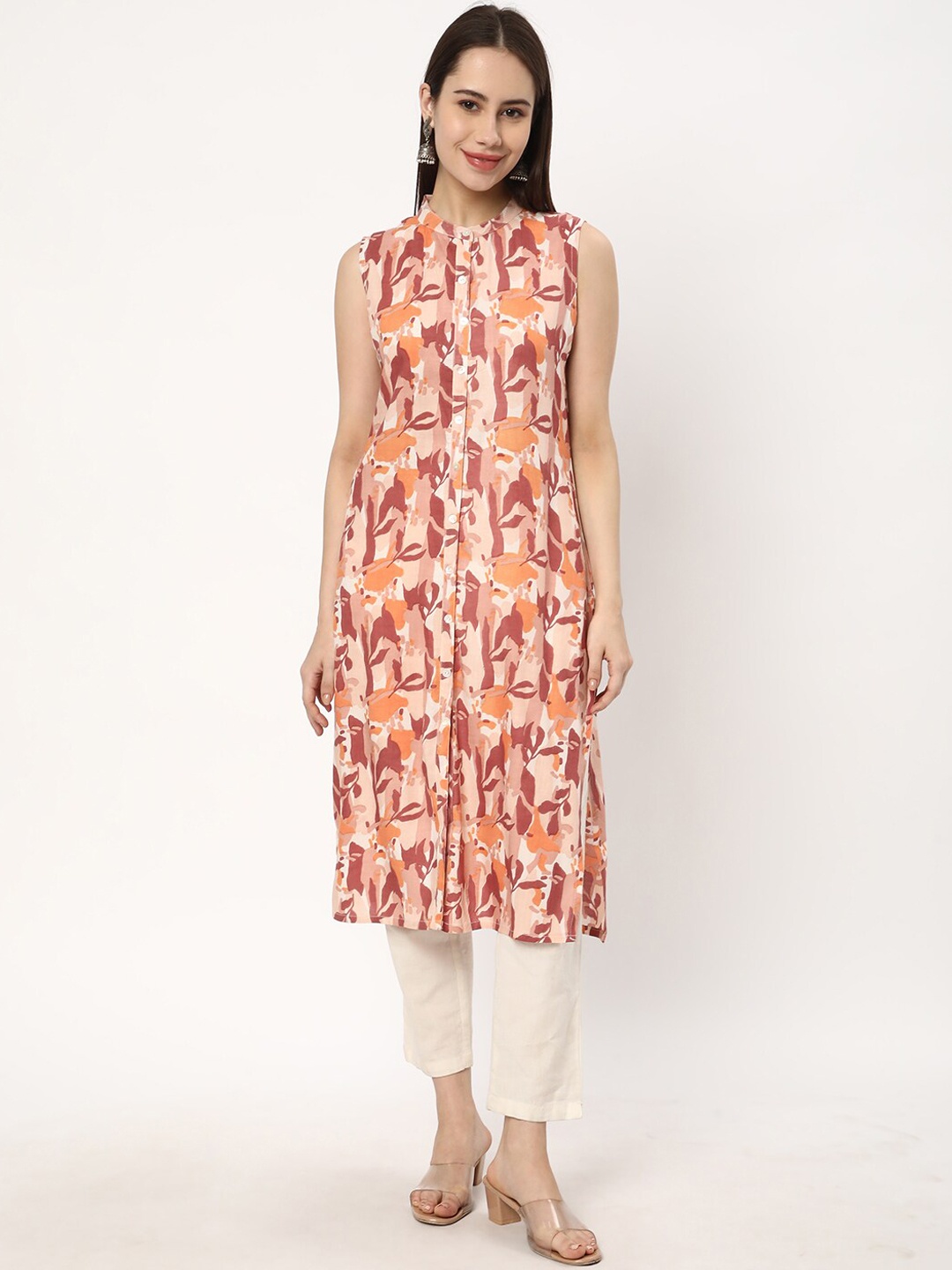 

R&B Floral Printed Mandarin Collar Straight Kurta, Pink