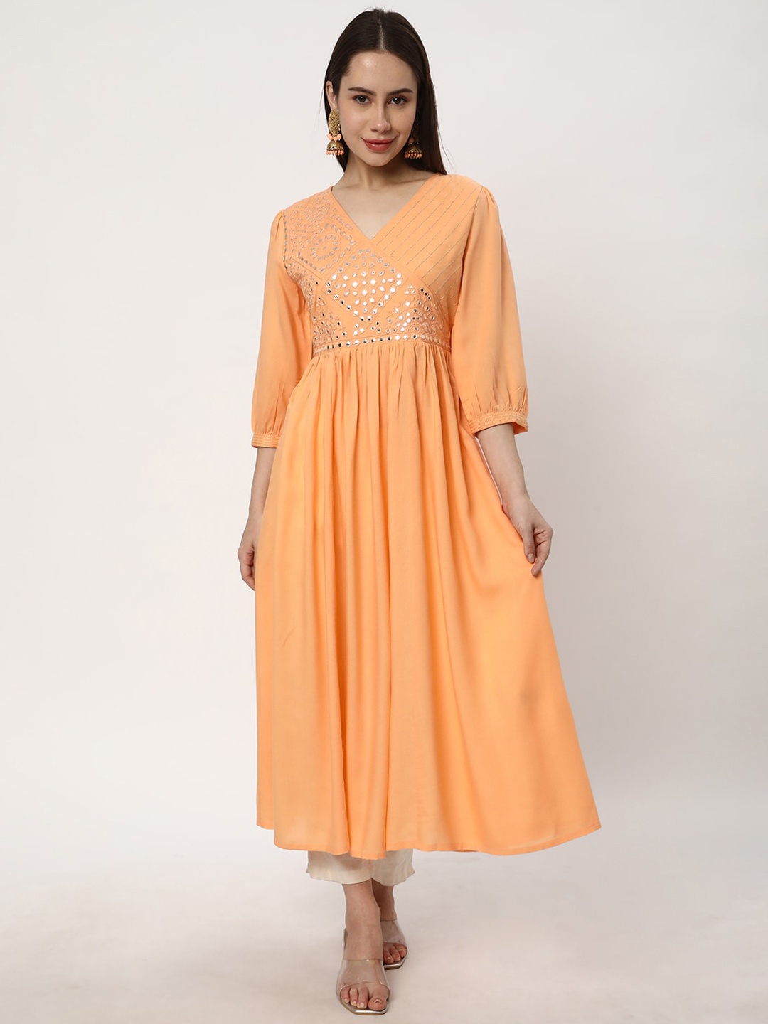 

R&B Geometric Embroidered V-Neck Mirror Work A-Line Kurta, Peach