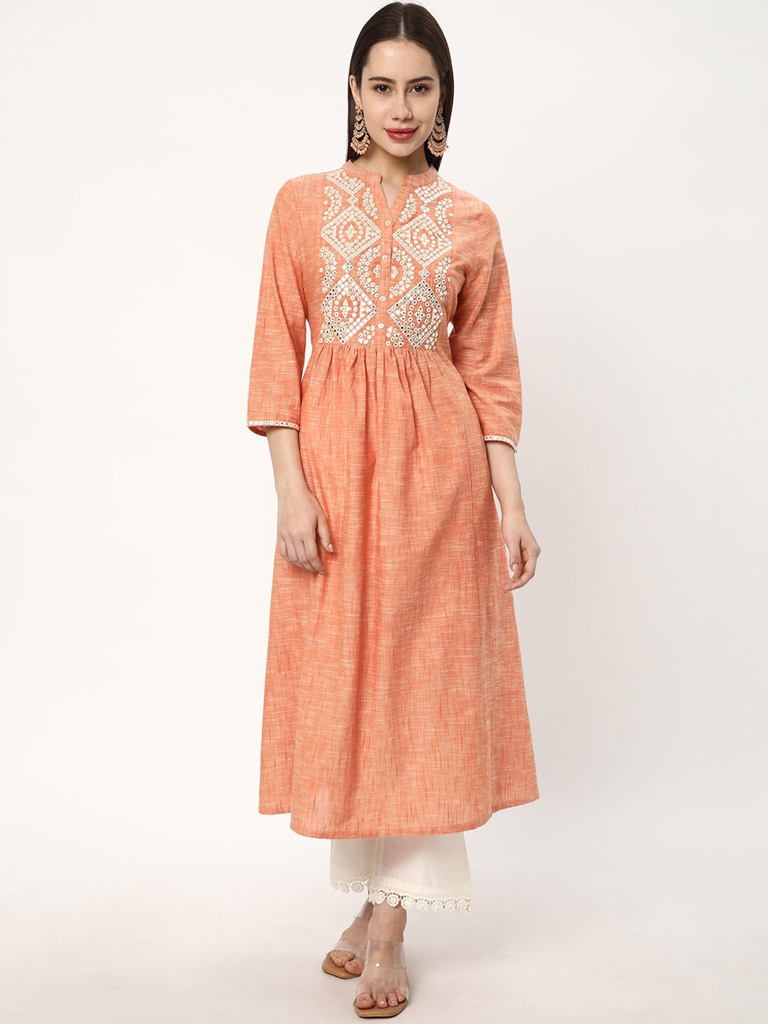 R&B Floral Yoke Design Cotton Thread Work Kurta, Peach