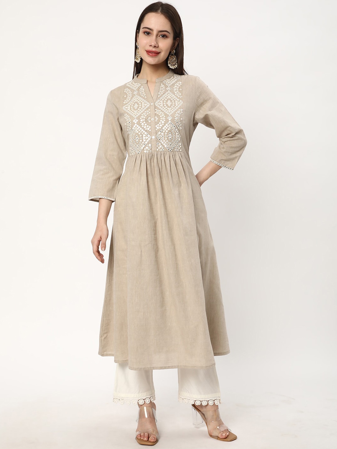 

R&B Ethnic Motifs Embroidered Mirror Work Pastel Anarkali Kurta, Beige