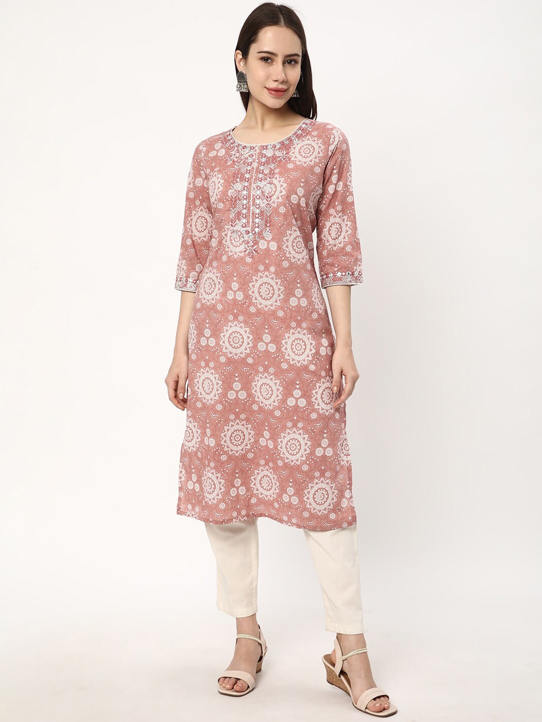 

R&B Ethnic Motifs Printed Cotton Chikankari Kurta, Peach