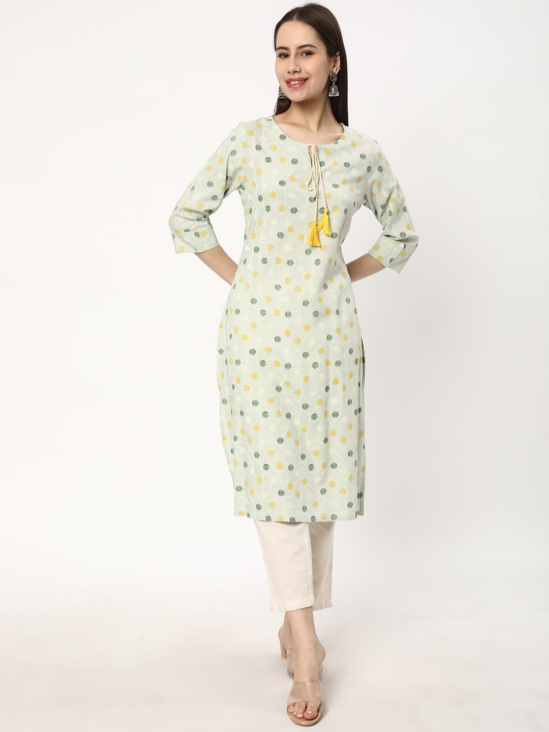

R&B Polka Dots Printed Tie Up Neck Straight Kurta, Green