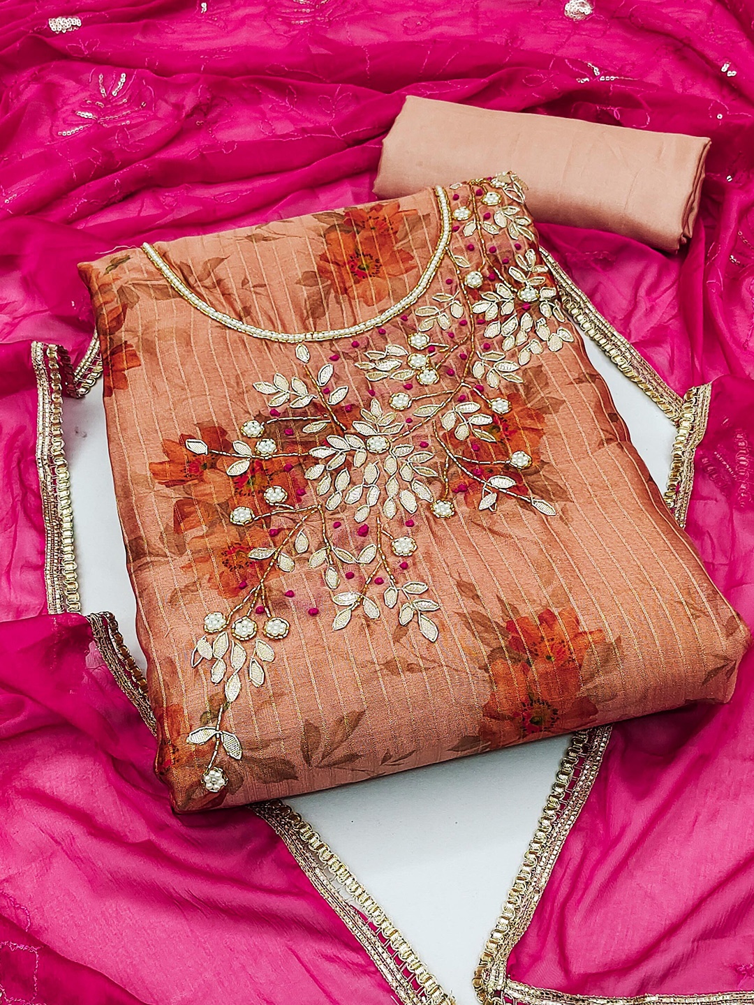 

KALINI Floral Printed Beads and Stones Unstitched Dress Material, Peach