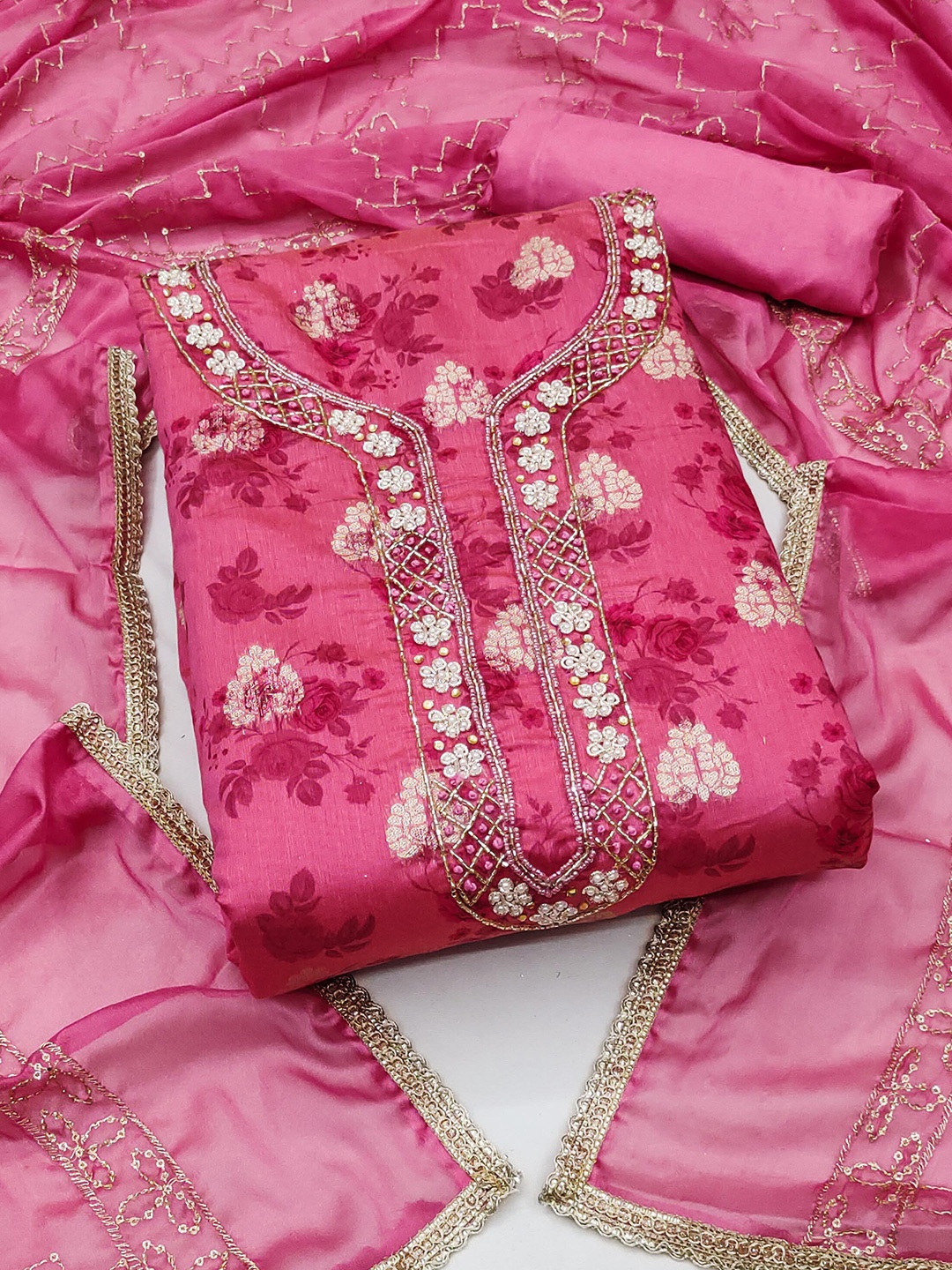 

KALINI Floral Printed Beads and Stones Organza Unstitched Dress Material, Pink