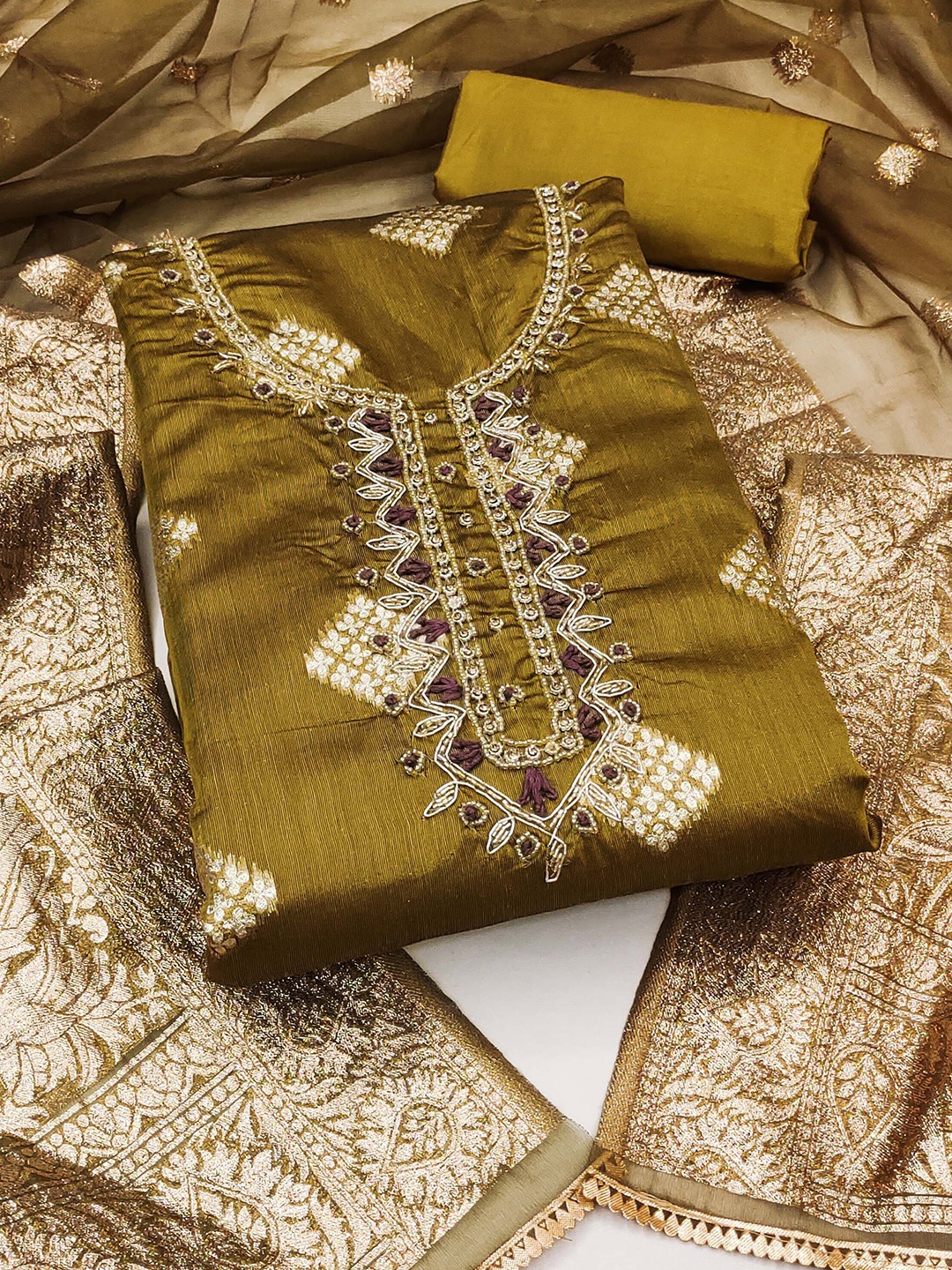 

KALINI Ethnic Motifs Woven Design Beads & Stones Unstitched Dress Material, Olive