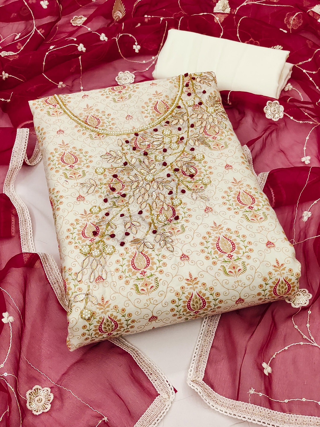 

KALINI Floral Printed Beads & Stones Unstitched Dress Material, Off white