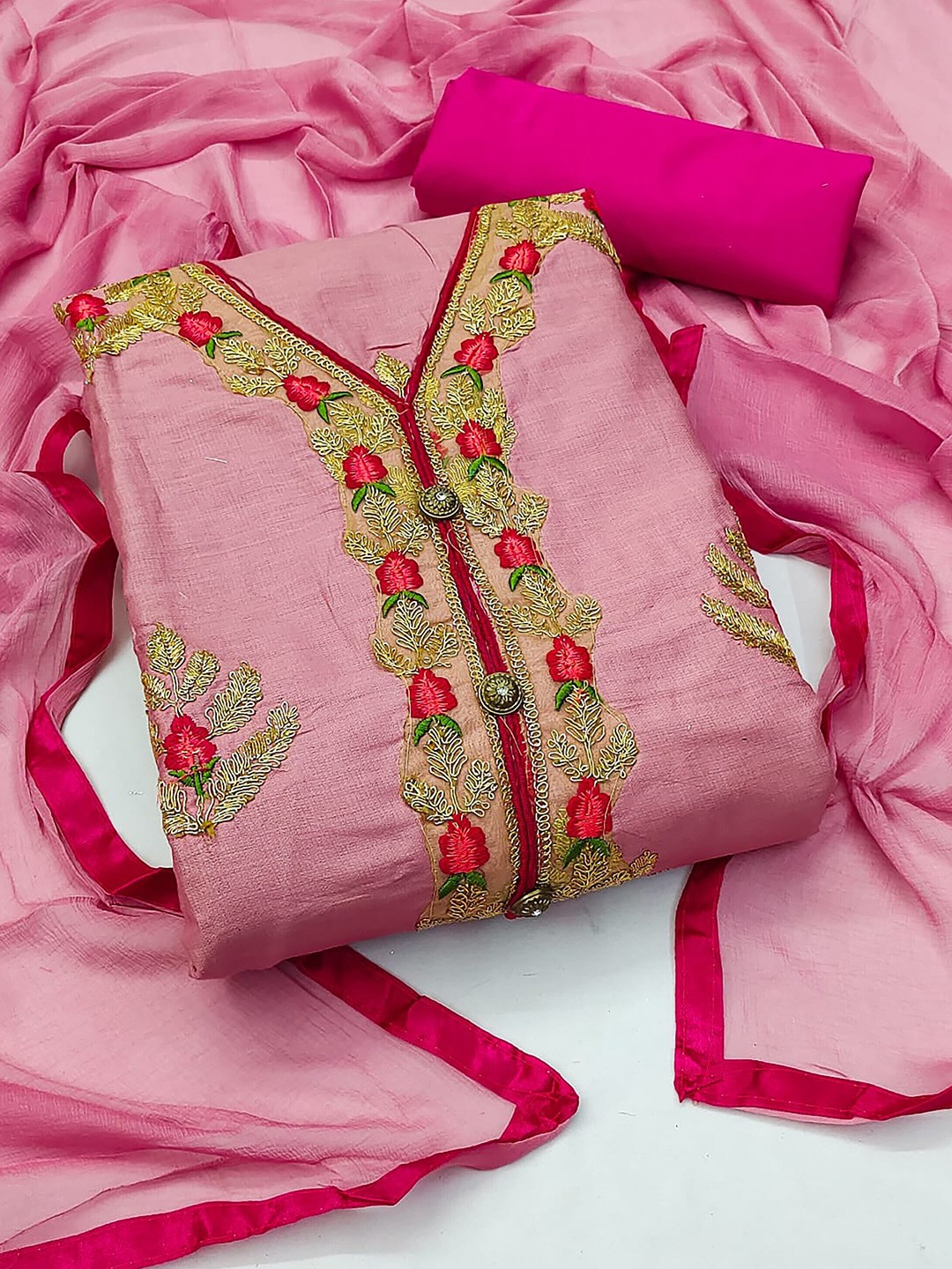 

KALINI Embroidered Unstitched Dress Material, Pink
