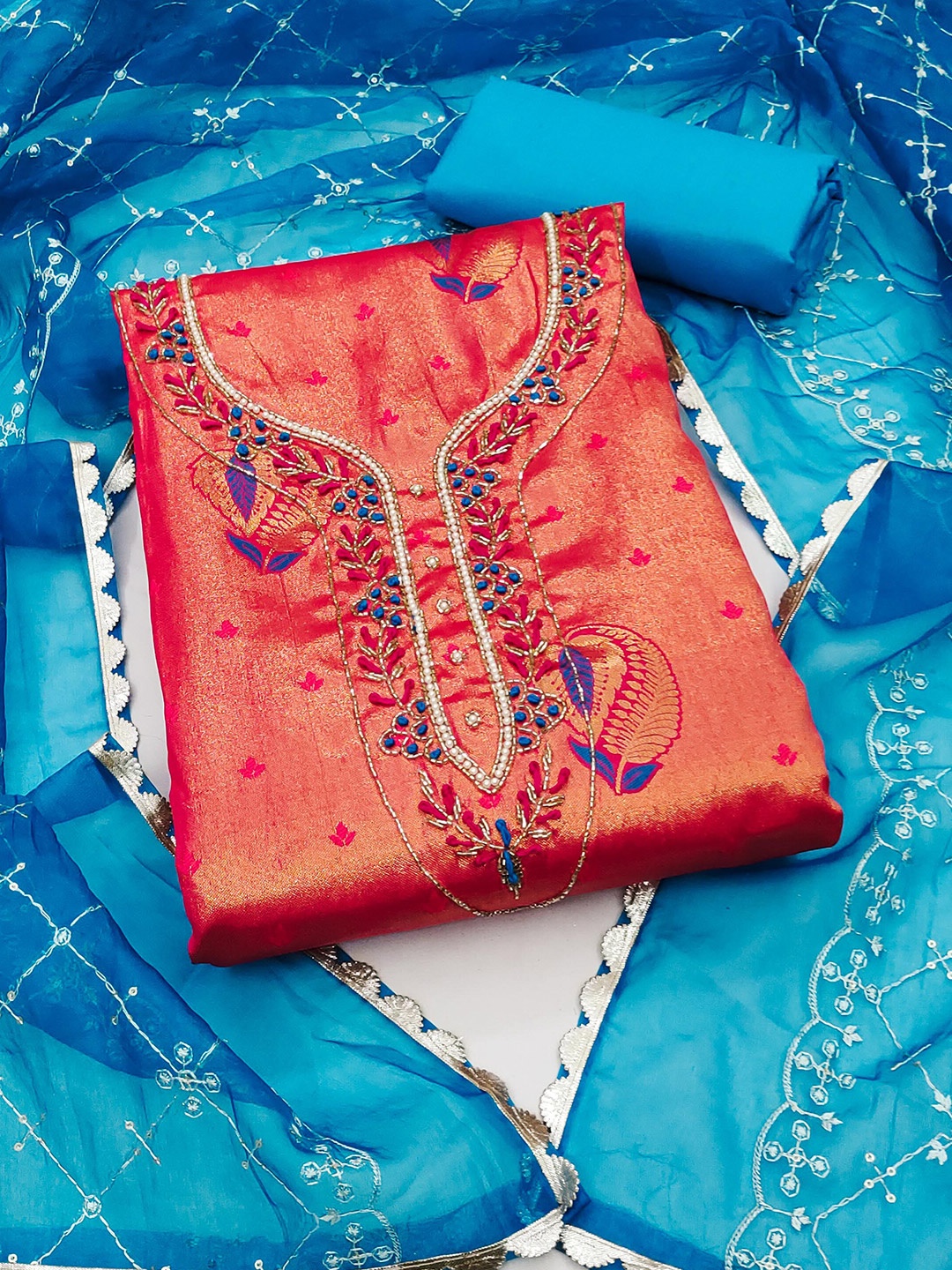 

KALINI Ethnic Motifs Embroidered Unstitched Dress Material, Pink