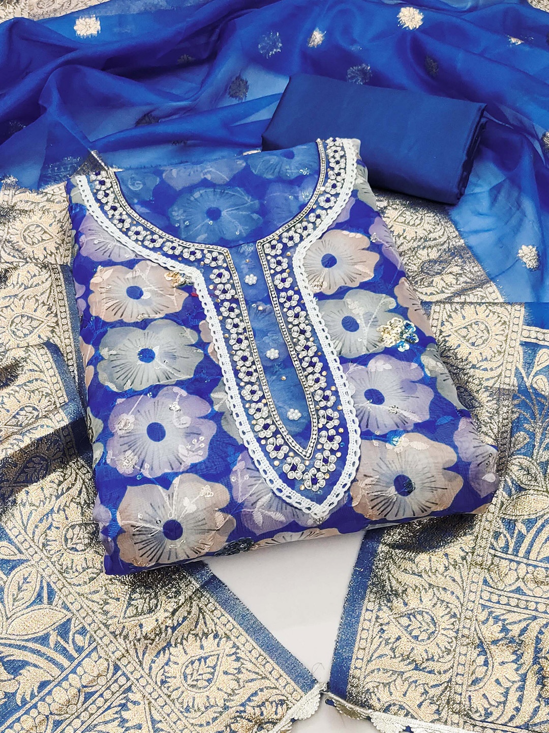 KALINI Floral Printed Beads and Stones Organza Unstitched Dress Material, Blue