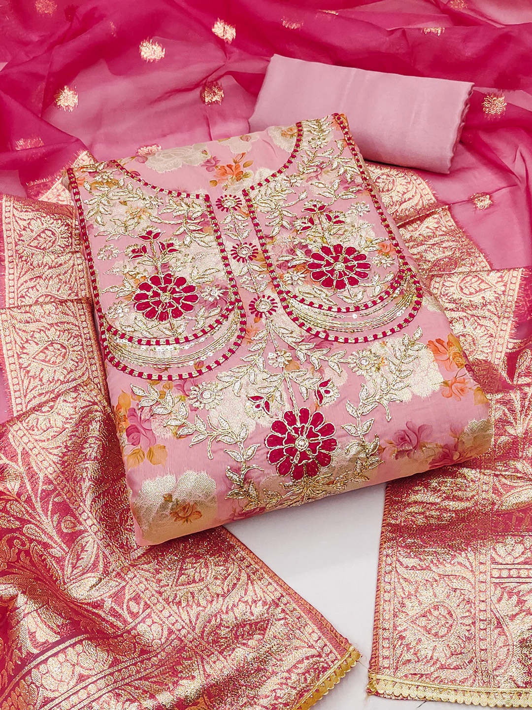 

KALINI Floral Printed Zari Unstitched Dress Material, Pink