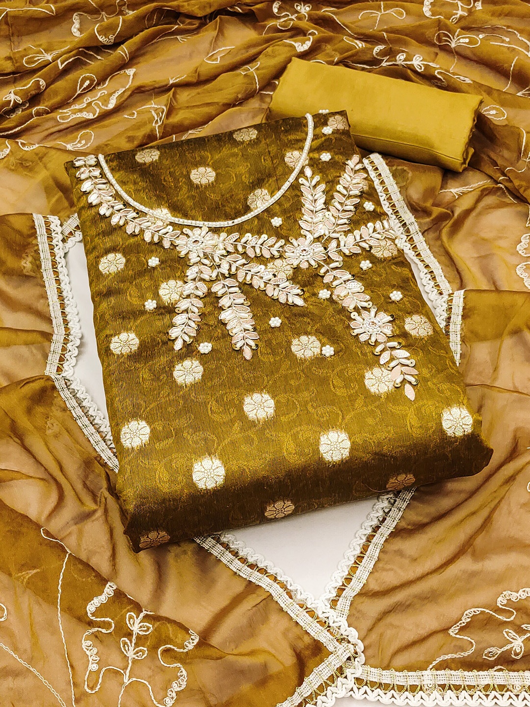 

KALINI Woven Design Embellished Unstitched Dress Material, Mustard