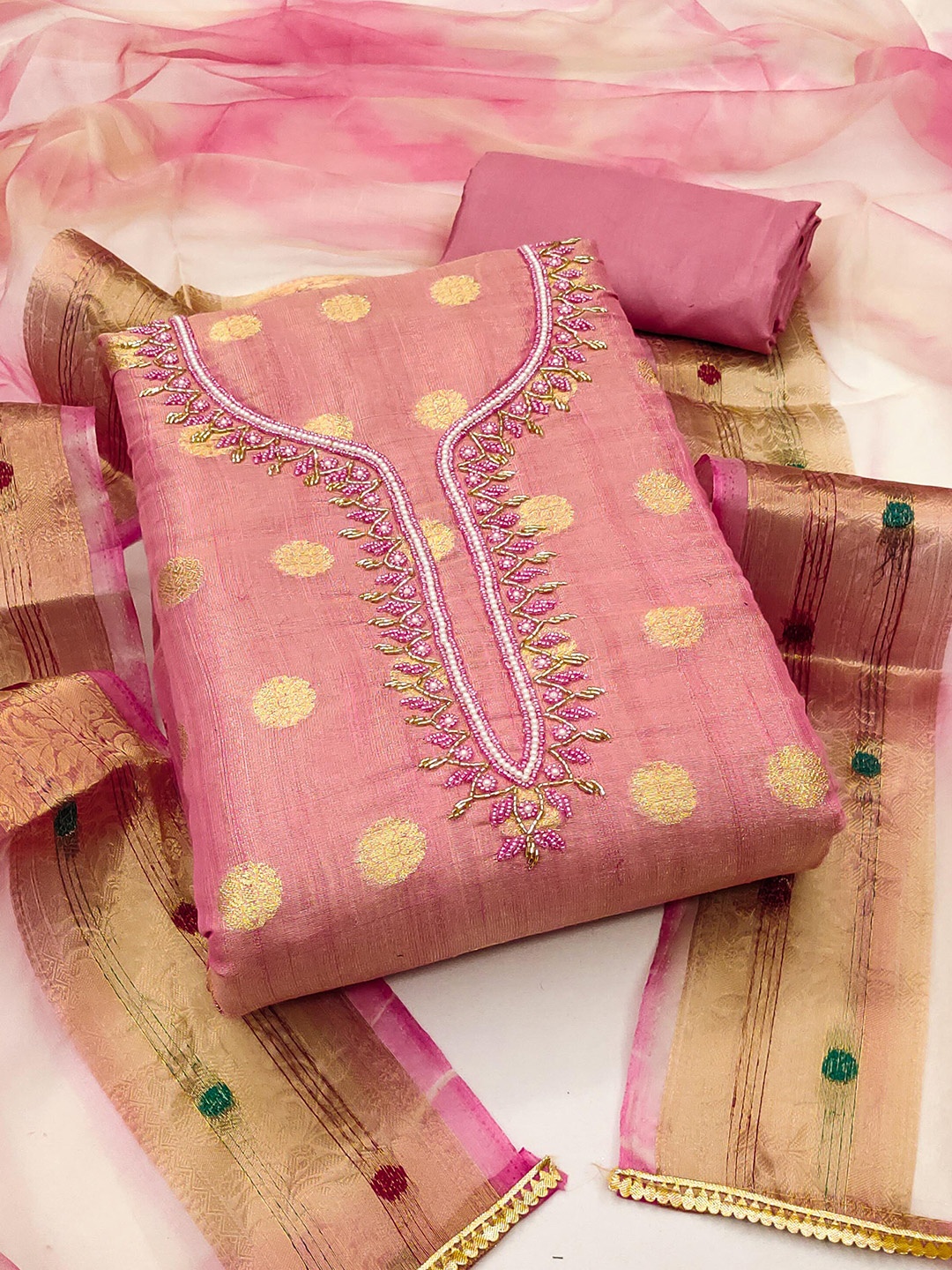

KALINI Ethnic Motifs Woven Design Unstitched Dress Material, Pink