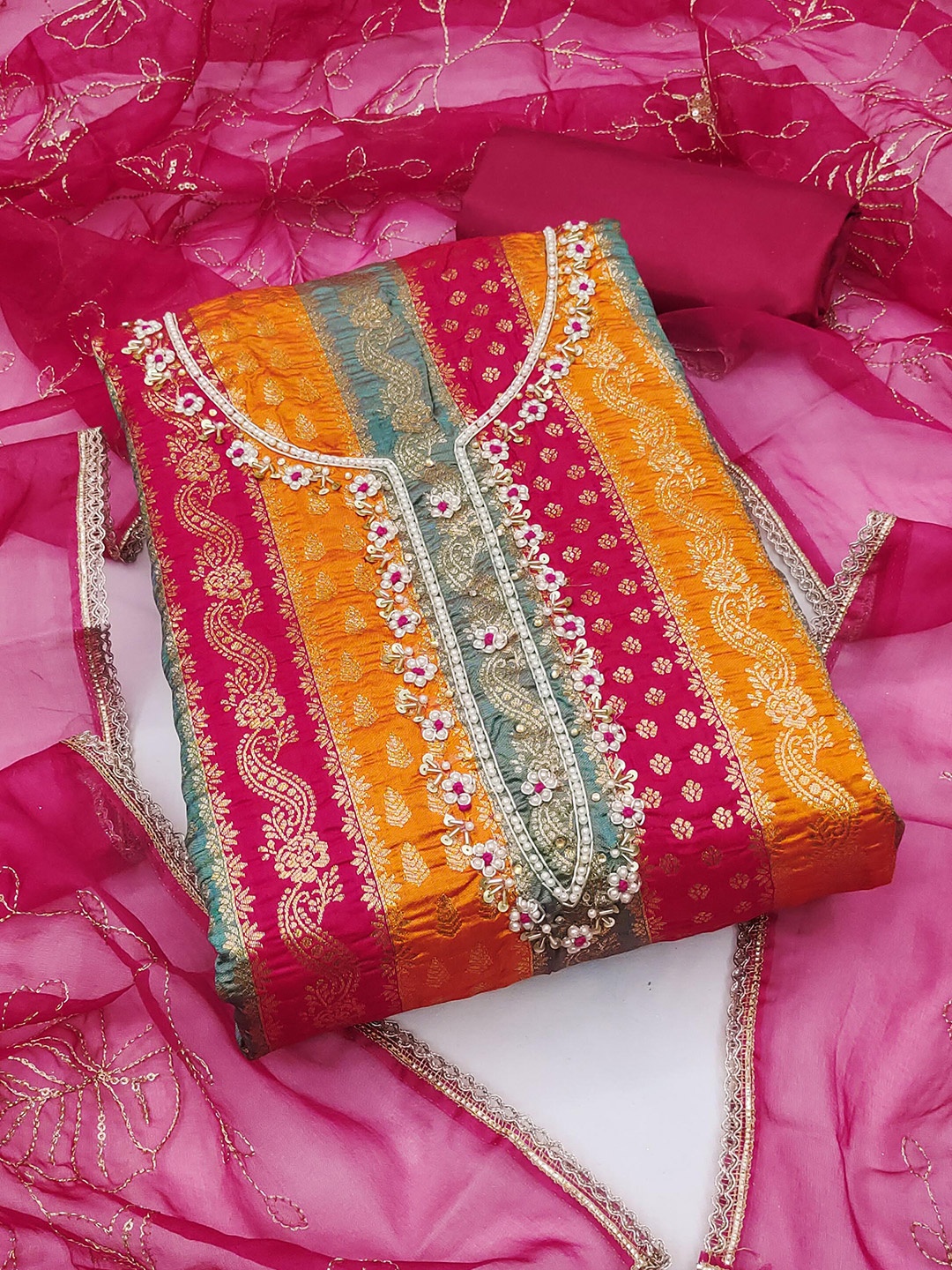

KALINI Ethnic Motifs Unstitched Dress Material, Pink