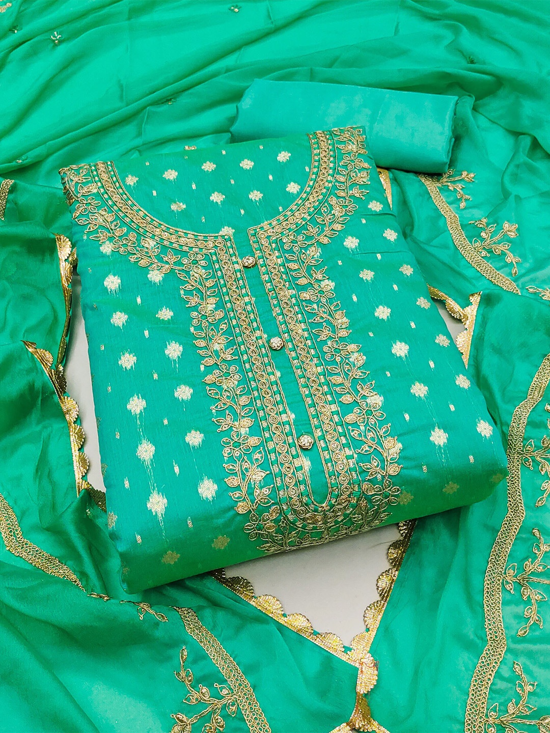 

KALINI Ethnic Motifs Woven Design Unstitched Dress Material, Sea green