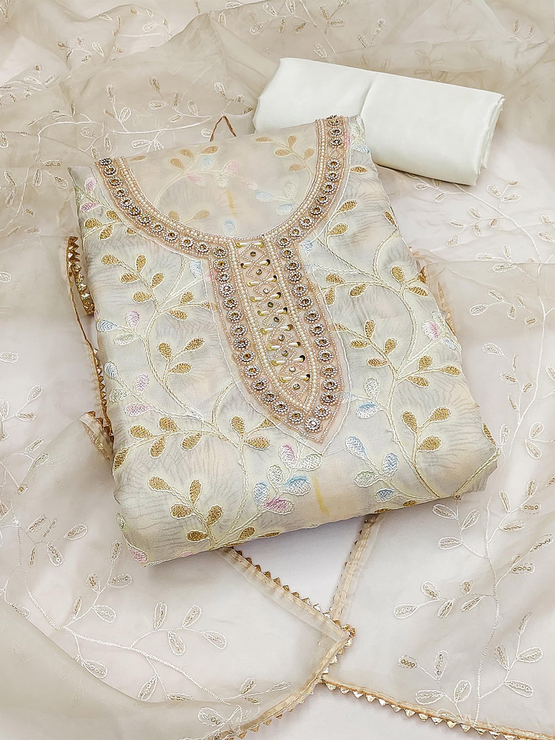 

KALINI Embroidered Organza Unstitched Dress Material, Off white