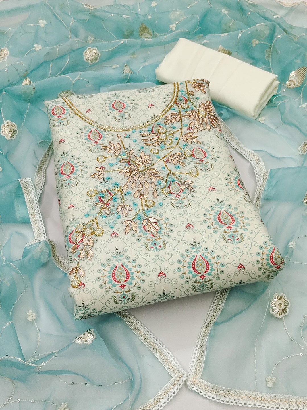 

KALINI Printed Unstitched Dress Material, Off white