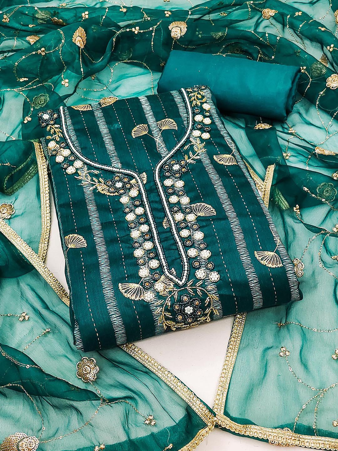 

KALINI Ethnic Motifs Embroidered Beads & Stones Unstitched Dress Material, Sea green
