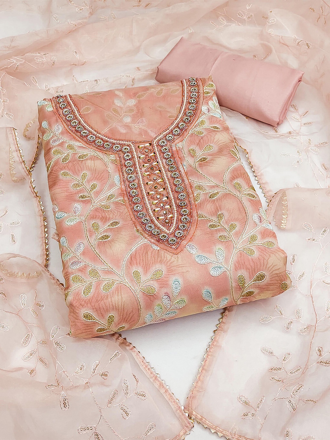 

KALINI Embroidered Organza Unstitched Dress Material, Peach