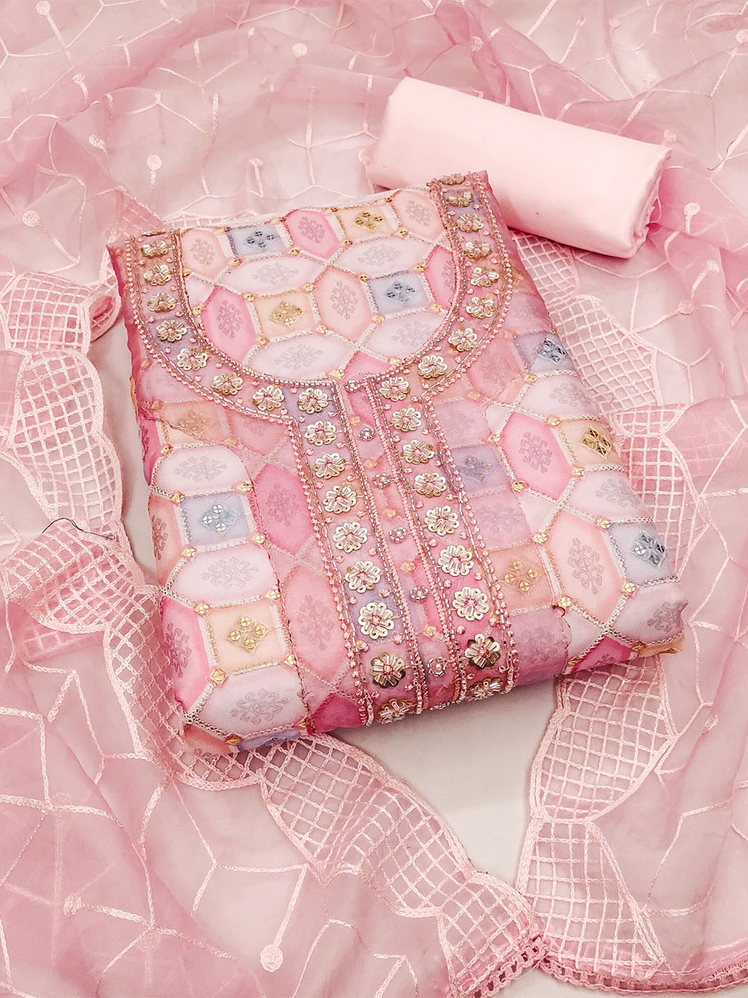 KALINI Printed Organza Unstitched Dress Material, Pink
