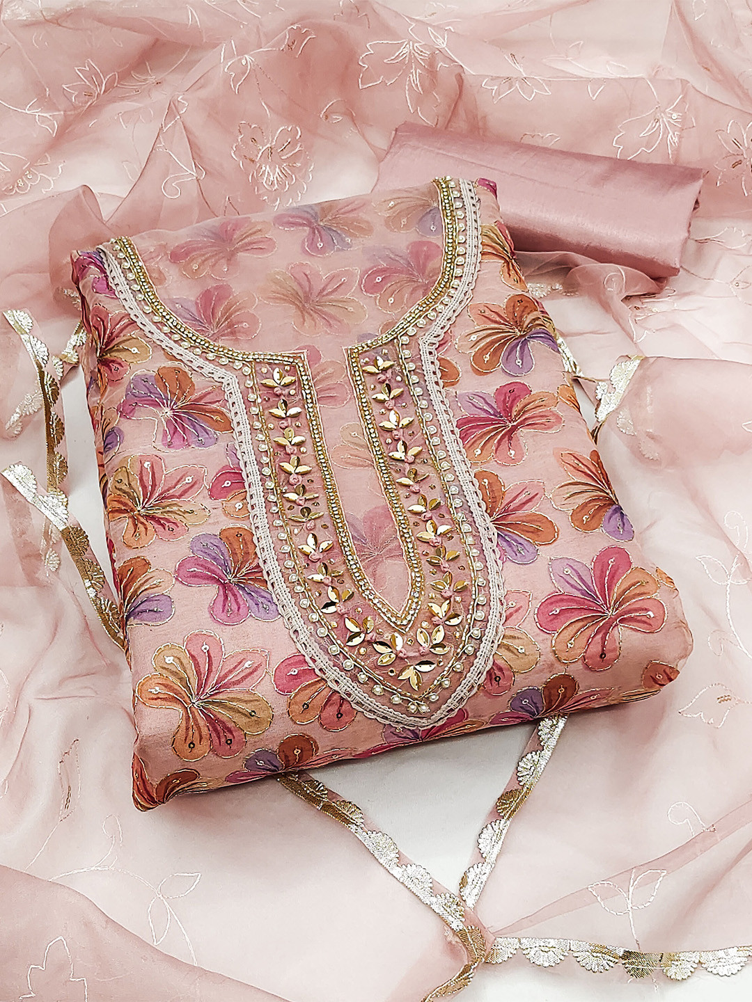 

KALINI Floral Embroidered Beads & Stones Unstitched Dress Material, Pink