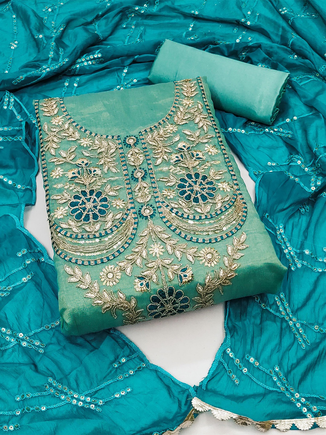 

KALINI Floral Embroidered Viscose Rayon Unstitched Dress Material, Sea green