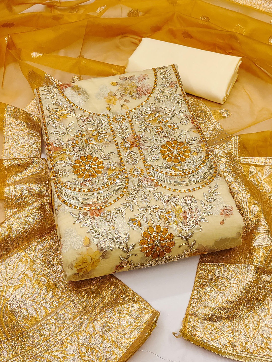 

KALINI Floral Printed Beads & Stones Unstitched Dress Material, Yellow