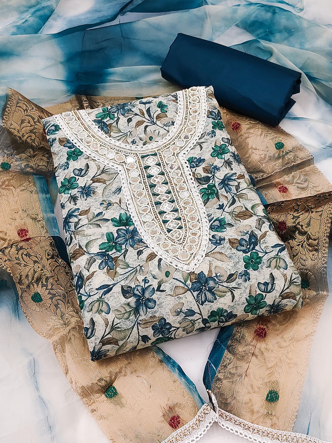 

KALINI Floral Printed Beads & Stones Unstitched Dress Material, Blue