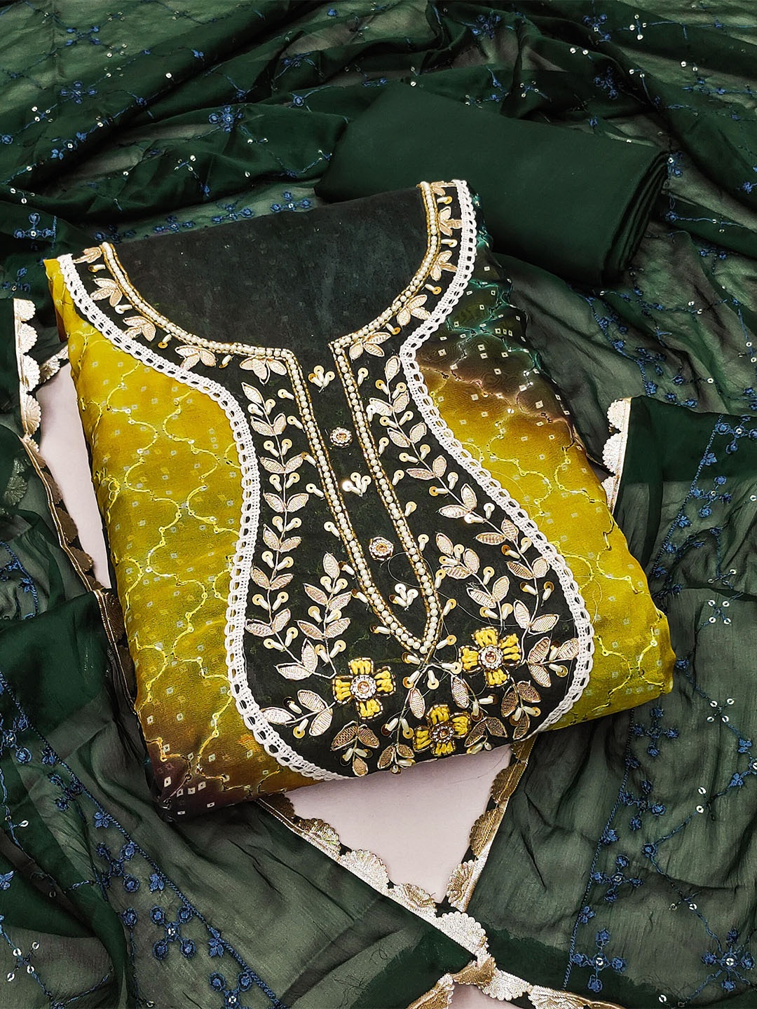 

KALINI Ethnic Motifs Embroidered Beads & Stones Unstitched Dress Material, Mustard