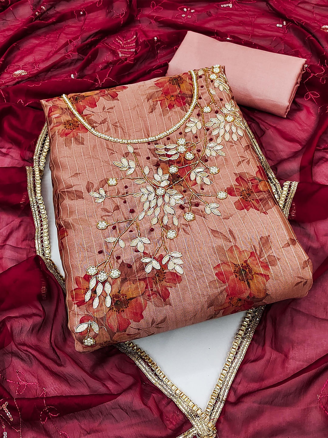

KALINI Floral Printed Beads and Stones Unstitched Dress Material, Pink
