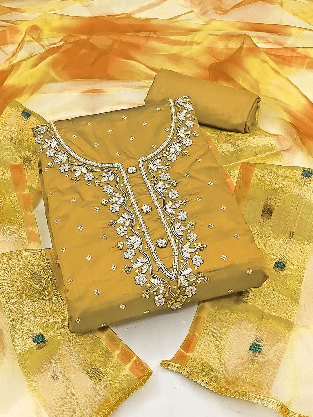 

KALINI Embellished Unstitched Dress Material, Mustard