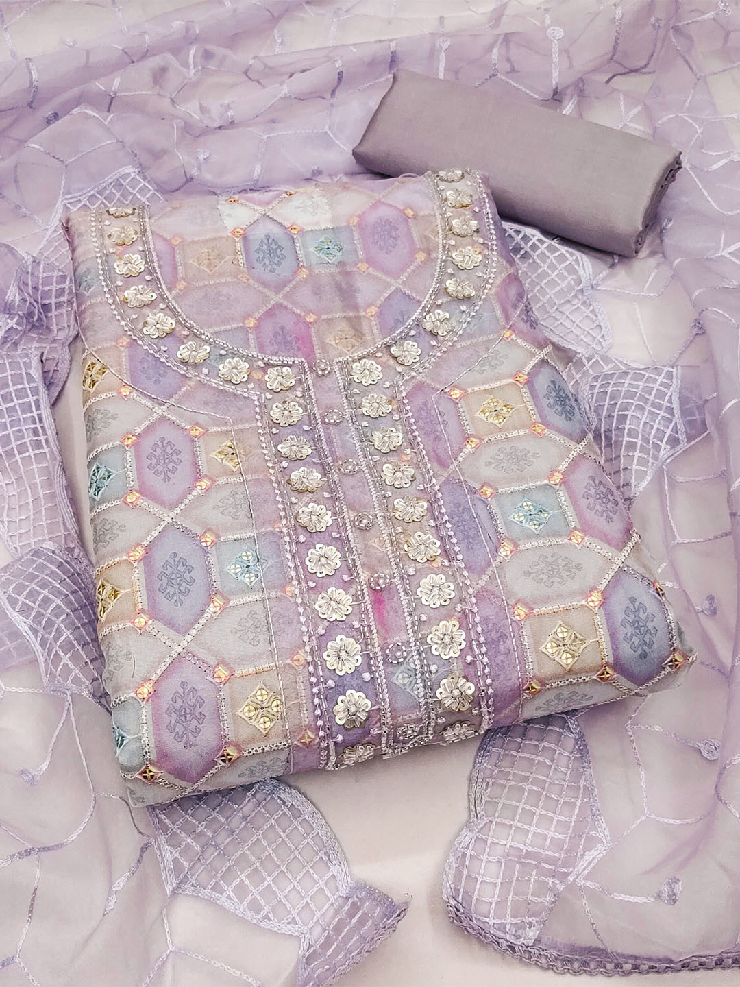 

KALINI Ethnic Motifs Printed Beads and Stones Organza Unstitched Dress Material, Lavender